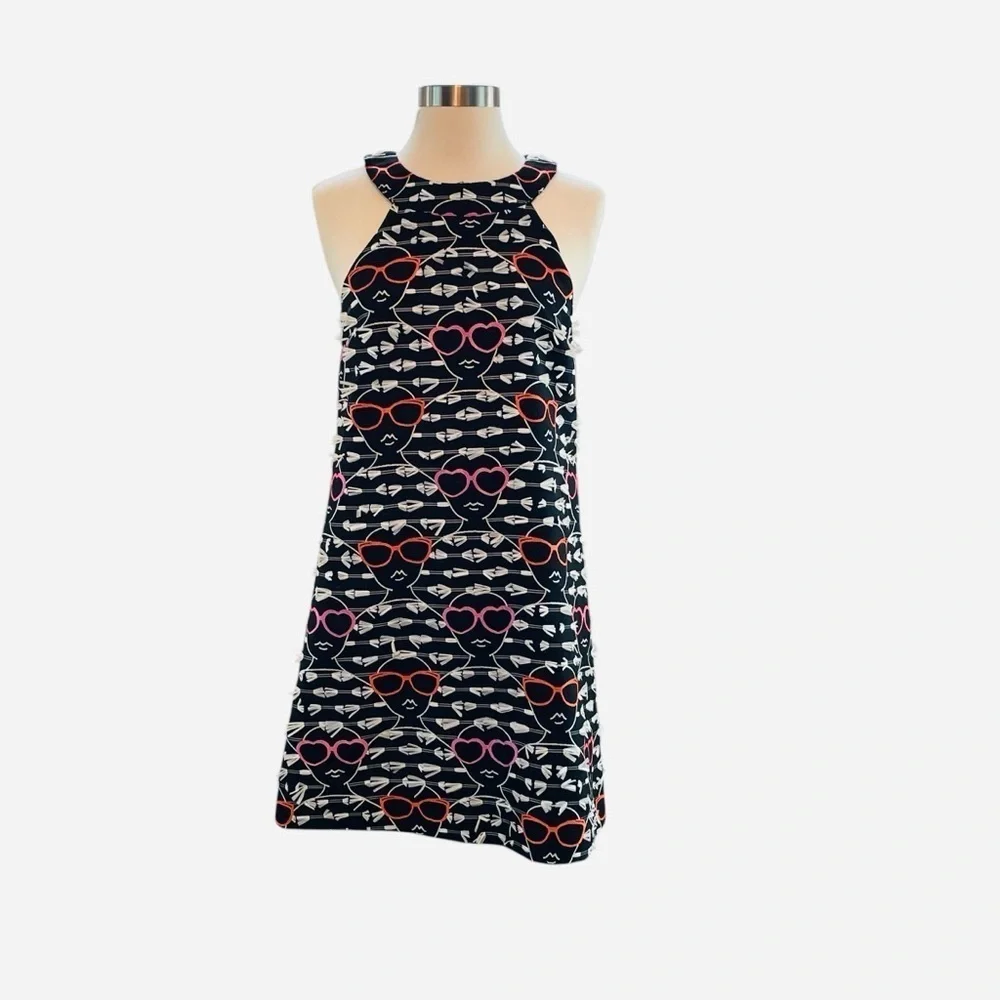 Hutch Anthropologie Pink/Black Sleeveless Halter Dress Novelty Sunglasses Print